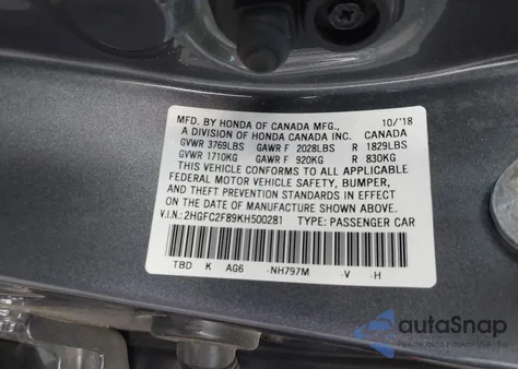 2019 Honda Civic Sport из США, поврежденный, VIN 2HGFC2F89KH500281